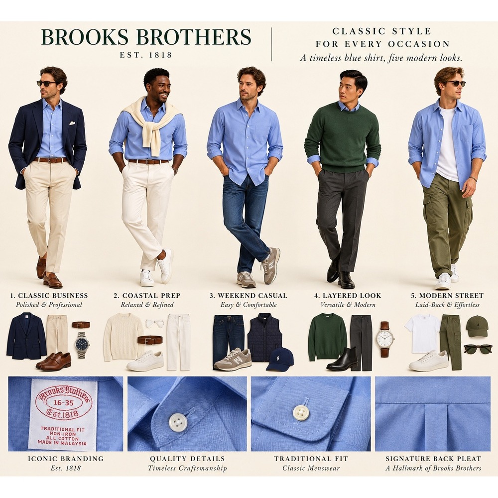 Brooks Brothers Mens Non-Iron Dress Shirt 16 35 Blue Cotton Traditional Fit